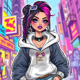 A stylish and edgy illustration of a character inspired by Bratz dolls, designed with a choni aesthetic