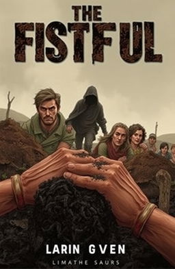 A gripping cover illustration for a book titled 'The Fistful', showcasing a dramatic scene of men and women in a rich, earthy landscape