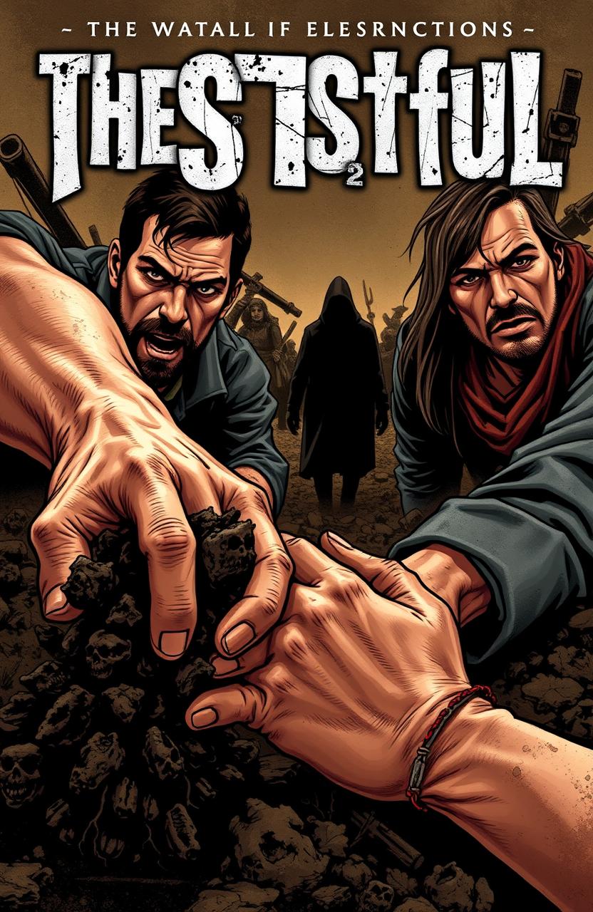 A gripping cover illustration for a book titled 'The Fistful', showcasing a dramatic scene of men and women in a rich, earthy landscape