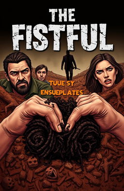 A gripping cover illustration for a book titled 'The Fistful', showcasing a dramatic scene of men and women in a rich, earthy landscape