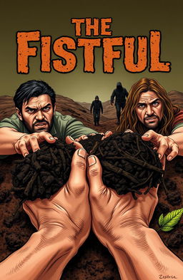 A gripping cover illustration for a book titled 'The Fistful', showcasing a dramatic scene of men and women in a rich, earthy landscape