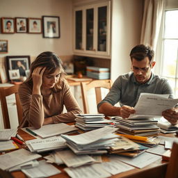 A woman and a man sitting at a cluttered kitchen table, both appearing stressed as they navigate the complexities of family obligations