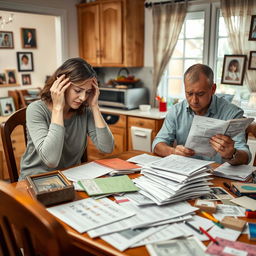 A woman and a man sitting at a cluttered kitchen table, both appearing stressed as they navigate the complexities of family obligations