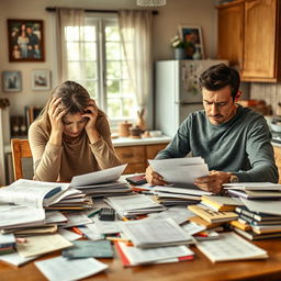 A woman and a man sitting at a cluttered kitchen table, both appearing stressed as they navigate the complexities of family obligations