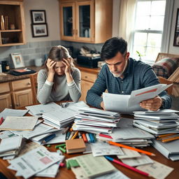 A woman and a man sitting at a cluttered kitchen table, both appearing stressed as they navigate the complexities of family obligations