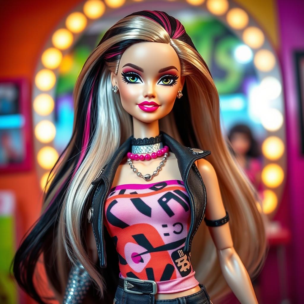 A creative fusion character combining elements of Barbie and Bratz dolls