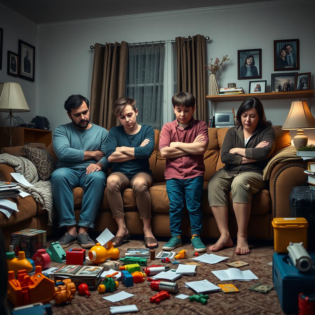 A family gathered in their living room, all showing signs of stress and concern