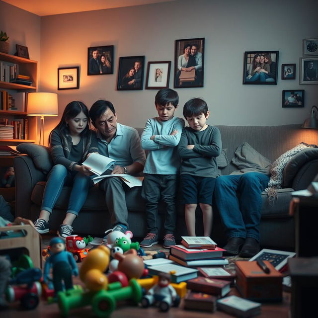 A family gathered in their living room, all showing signs of stress and concern