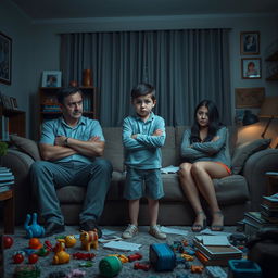 A family gathered in their living room, all showing signs of stress and concern