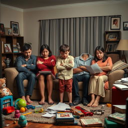 A family gathered in their living room, all showing signs of stress and concern