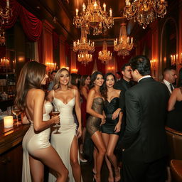 A luxurious and glamorous brothel scene, featuring elegantly dressed women in chic outfits, mingling with wealthy clientele in a plush setting with velvet curtains, opulent chandeliers, and a beautifully set bar
