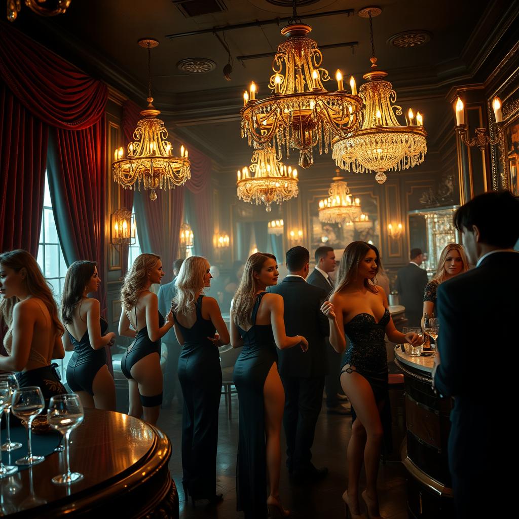 A luxurious and glamorous brothel scene, featuring elegantly dressed women in chic outfits, mingling with wealthy clientele in a plush setting with velvet curtains, opulent chandeliers, and a beautifully set bar