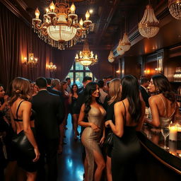 A luxurious and glamorous brothel scene, featuring elegantly dressed women in chic outfits, mingling with wealthy clientele in a plush setting with velvet curtains, opulent chandeliers, and a beautifully set bar