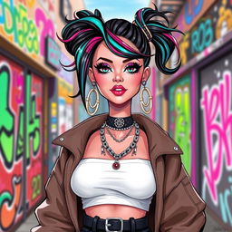 A vibrant and edgy character design of a Barbie-inspired figure with a choni aesthetic