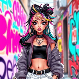 A vibrant and edgy character design of a Barbie-inspired figure with a choni aesthetic