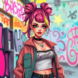 A vibrant and edgy character design of a Barbie-inspired figure with a choni aesthetic