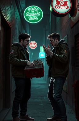 A contemporary fiction scene set in an urban environment, centered around themes of crime and swindling