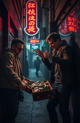 A contemporary fiction scene set in an urban environment, centered around themes of crime and swindling