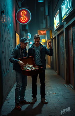 A contemporary fiction scene set in an urban environment, centered around themes of crime and swindling