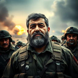 A portrait of Hassan Nasrallah on the front lines, depicted as a confident leader inspiring his troops