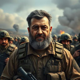 A portrait of Hassan Nasrallah on the front lines, depicted as a confident leader inspiring his troops