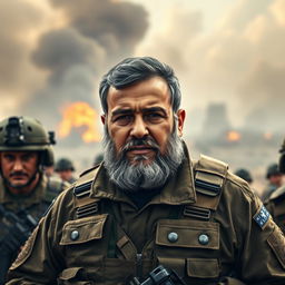 A portrait of Hassan Nasrallah on the front lines, depicted as a confident leader inspiring his troops
