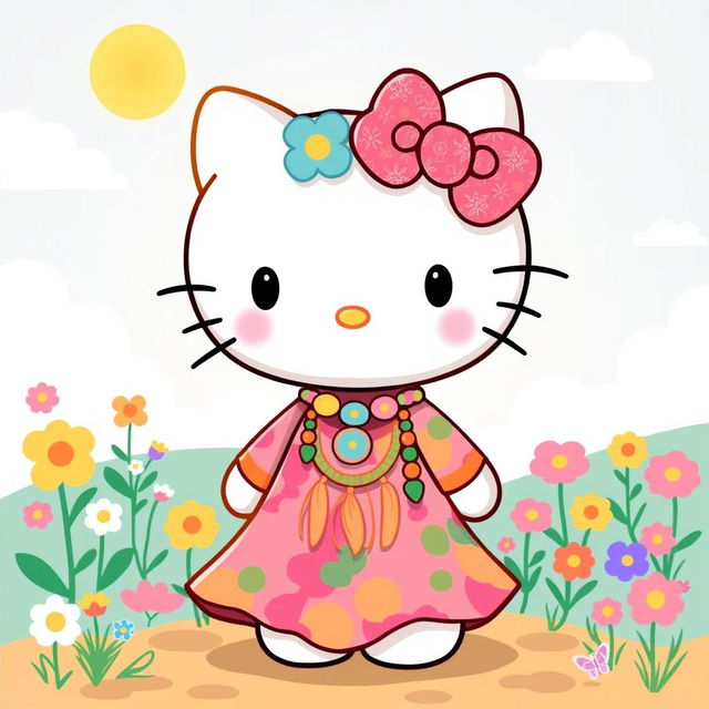 A delightful and whimsical illustration of a Hello Kitty character styled with a hippie aesthetic