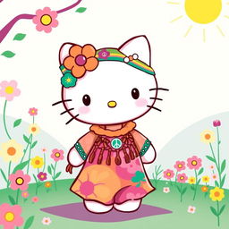 A delightful and whimsical illustration of a Hello Kitty character styled with a hippie aesthetic