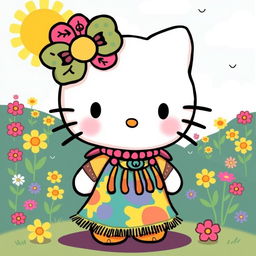 A delightful and whimsical illustration of a Hello Kitty character styled with a hippie aesthetic