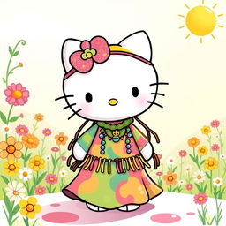 A delightful and whimsical illustration of a Hello Kitty character styled with a hippie aesthetic