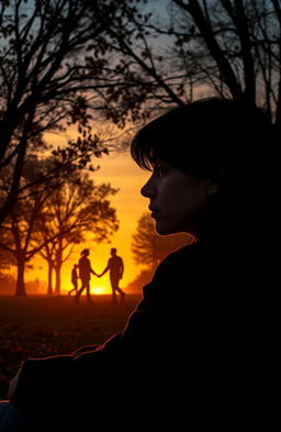 A deeply evocative scene of a person sitting on a park bench at sunset, staring pensively at a fading horizon, surrounded by autumn leaves