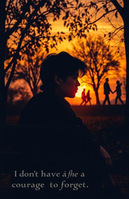 A deeply evocative scene of a person sitting on a park bench at sunset, staring pensively at a fading horizon, surrounded by autumn leaves
