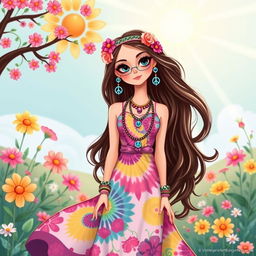 A charming illustration of a Barbie-inspired character styled with a hippie aesthetic