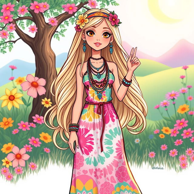 A charming illustration of a Barbie-inspired character styled with a hippie aesthetic