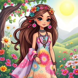 A charming illustration of a Barbie-inspired character styled with a hippie aesthetic
