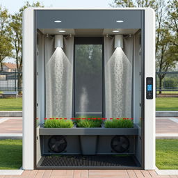 A high-tech shoe cleaning machine designed for outdoor parks and stadiums, featuring wide transparent openings (60-80 cm) for easy entry and exit