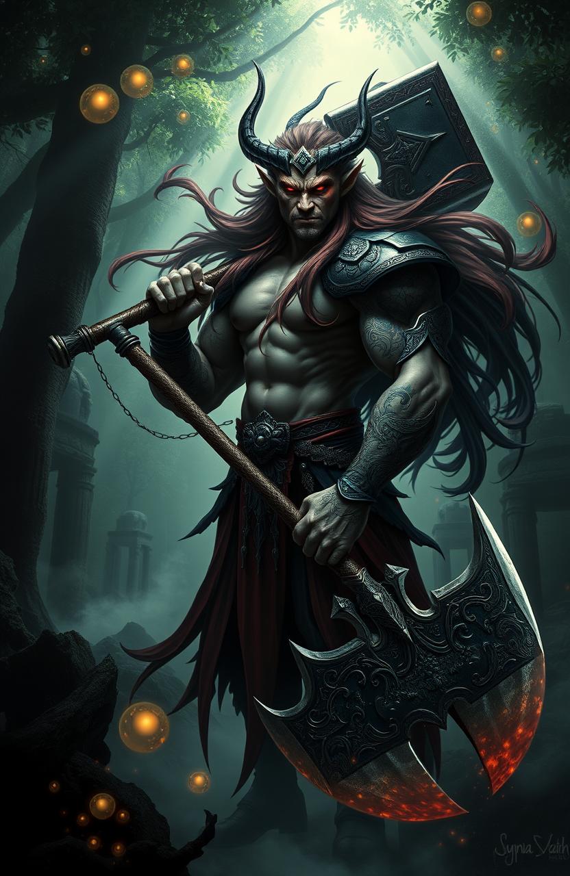 A powerful and regal bloodcarver, a mythical figure with intricate tattoos covering their arms, wielding a large, ornate axe