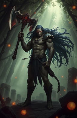 A powerful and regal bloodcarver, a mythical figure with intricate tattoos covering their arms, wielding a large, ornate axe