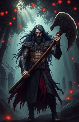 A powerful and regal bloodcarver, a mythical figure with intricate tattoos covering their arms, wielding a large, ornate axe