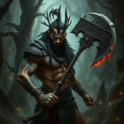 A bloodcarver, depicted as a formidable warrior with an exotic and fierce appearance