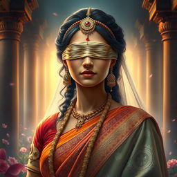 A majestic depiction of Gandhari, a powerful character from Indian mythology and the Mahabharata