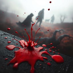 A dramatic and vivid representation of blood, splattered artistically across a dark, textured surface