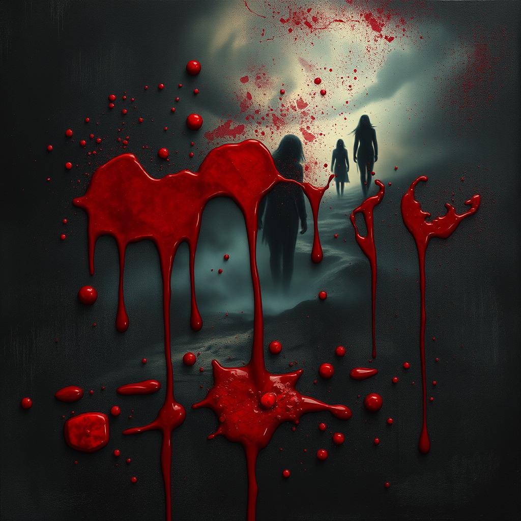 A dramatic and vivid representation of blood, splattered artistically across a dark, textured surface