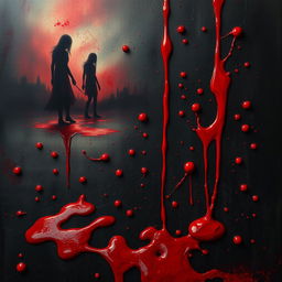 A dramatic and vivid representation of blood, splattered artistically across a dark, textured surface
