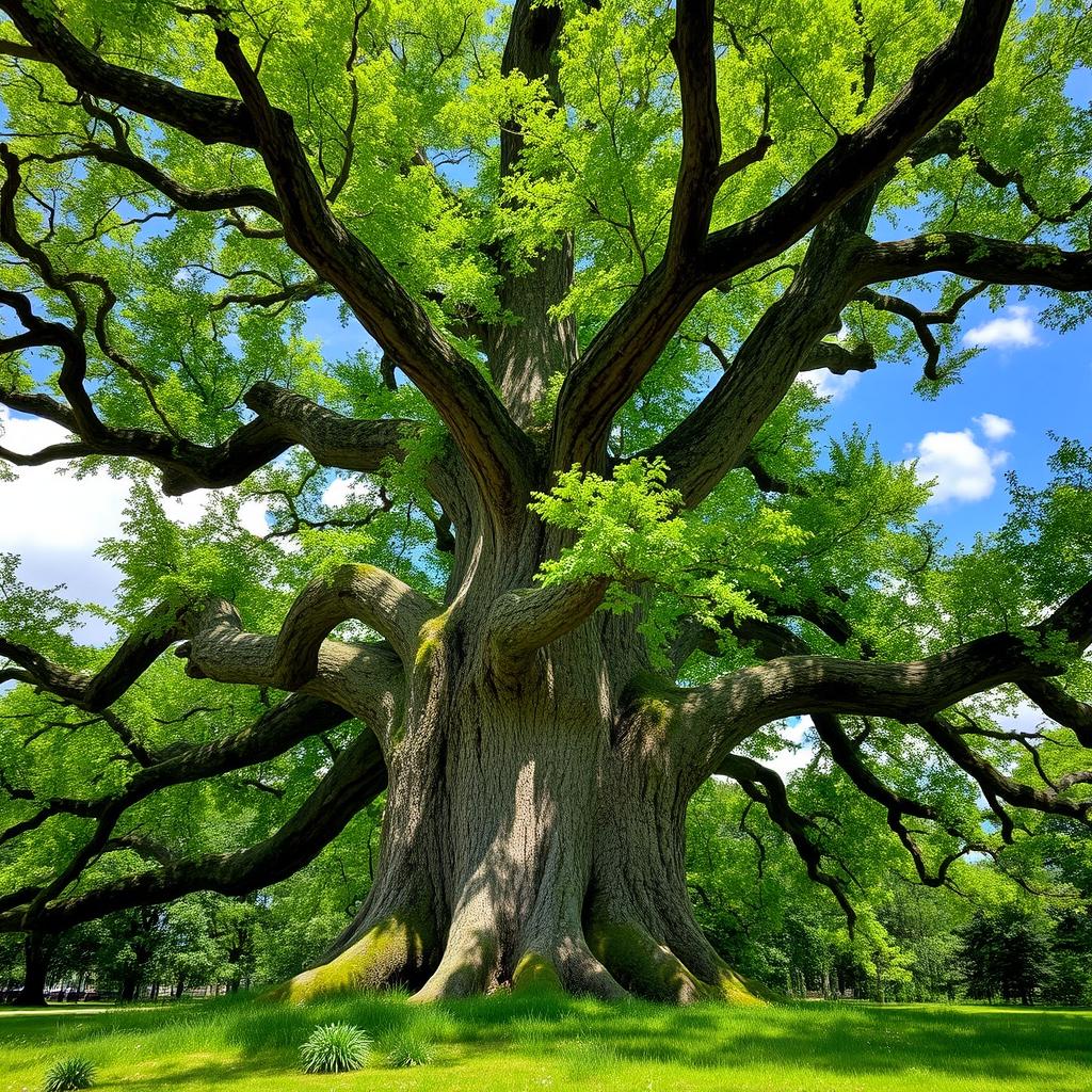 A majestic tree with a thick trunk and sprawling branches, vibrant green leaves fluttering in the breeze