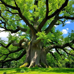 A majestic tree with a thick trunk and sprawling branches, vibrant green leaves fluttering in the breeze