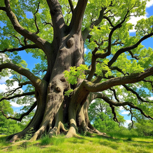 A majestic tree with a thick trunk and sprawling branches, vibrant green leaves fluttering in the breeze