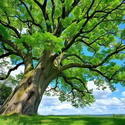 A majestic tree with a thick trunk and sprawling branches, vibrant green leaves fluttering in the breeze
