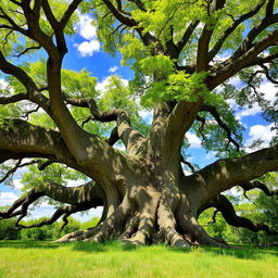 A majestic tree with a thick trunk and sprawling branches, vibrant green leaves fluttering in the breeze