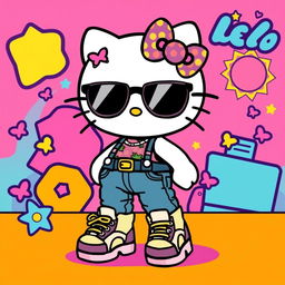 A playful illustration of a Hello Kitty character inspired by the fashion and style of the 2000s